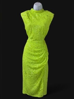 Donna Morgan Neon Lime Sequin Maxi Dress with Slit